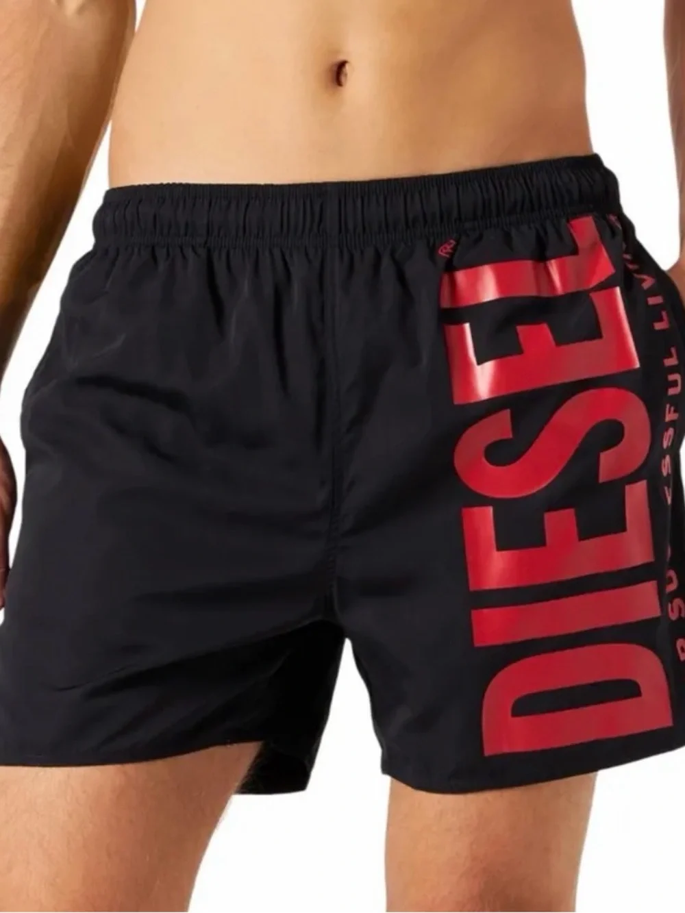 Diesel Black Swim Trunks with Red Logo Panel